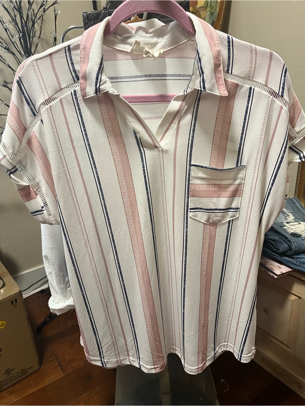 Striped V-Neck Polo Top in Blush and Navy with Button Detail Down the Back